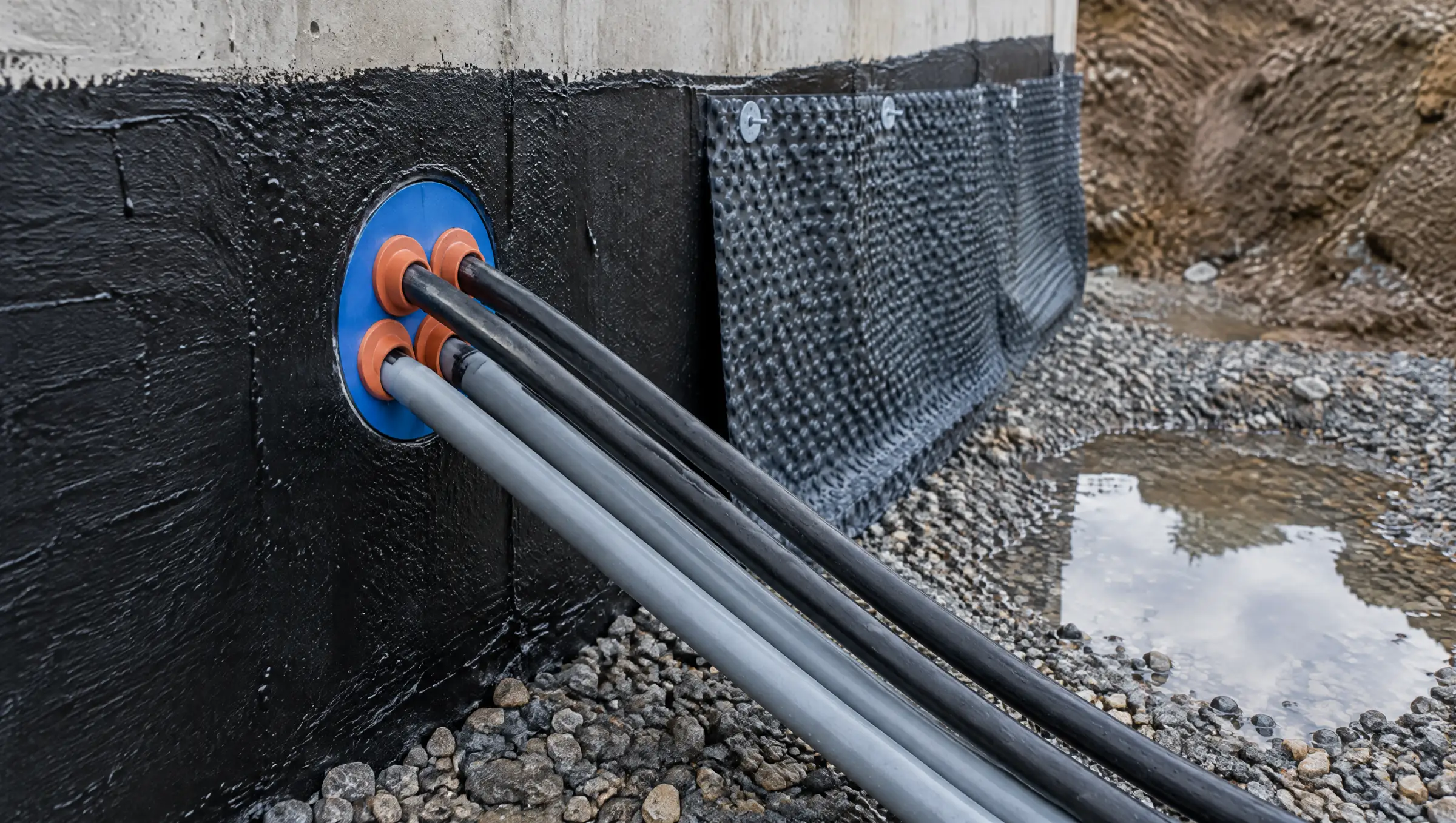 Abgedichtete Gebäudeeinführung von Kabeln und Rohren an einer Kellerwand in der Baugrube