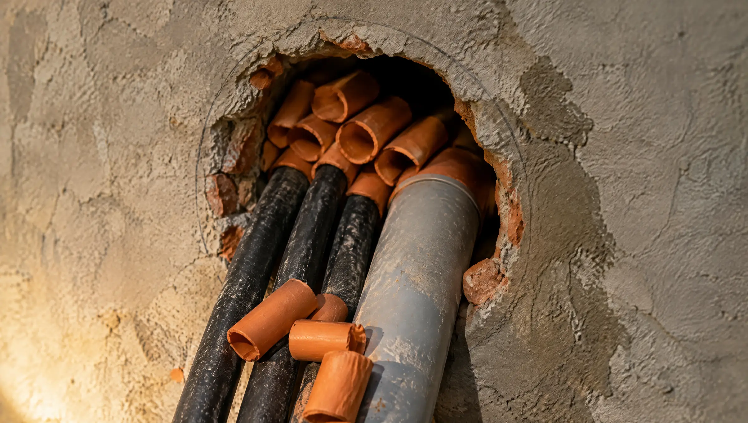 Alte Kernbohrung im Bestand, Kabel und Rohr mit Dichthülsen beim Einbau