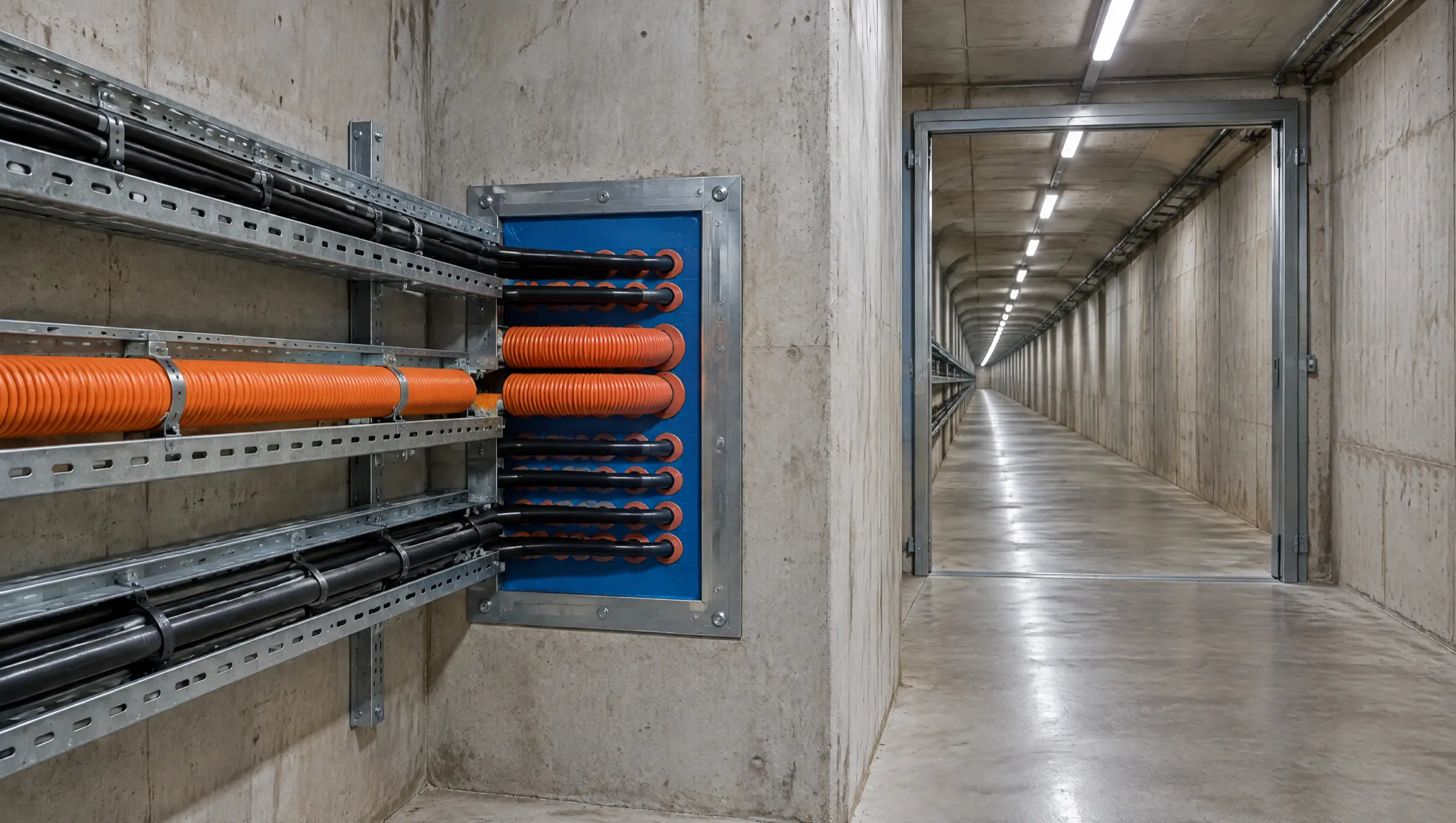 Kabeldurchführung mit Rahmen in einer Tunnelwand, Kabeltrassen davor