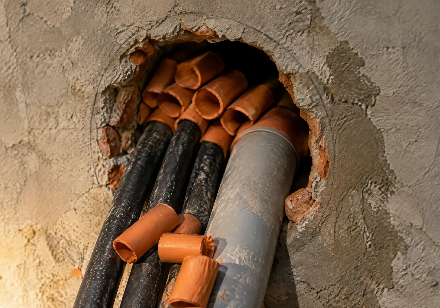 Alte Kernbohrung im Bestand, Kabel und Rohr mit Dichthülsen beim Einbau