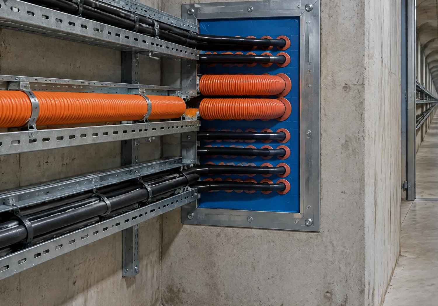 Kabeldurchführung mit Rahmen in einer Tunnelwand, Kabeltrassen davor